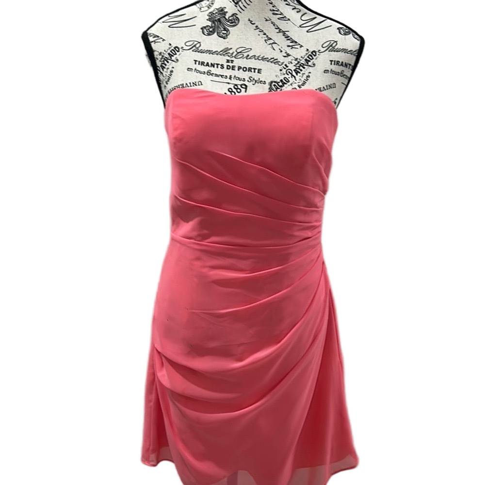 Bill Levkoff Coral Strapless Cocktail Dress 10 - Ruched Chiffon Bridesmaid